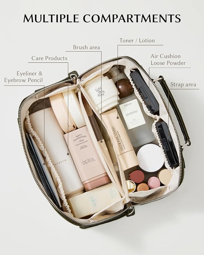 EACHY Makeup Bag, Large Capacity Cosmetic Bags for Women, Waterproof PU Leather Flat Open Toiletry Bag with Makeup Brush Organizer - Image 2