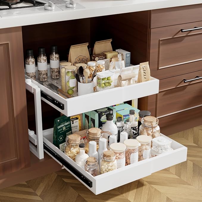 2-Tier Expandable Pull Out Cabinet Organizer, Heavy Duty Adjustable Width Metal Slide Out Shelf, No Screw Cabinet Storage Rack for Kitchen Bathroom 17in Depth Cabinet（White） by RefinedElegance
