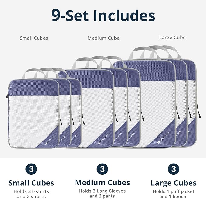 9 Set Compression Packing Cubes for Travel - Compressible, Lightweight, and Space-Saving Packing Cubes, Travel Essentials for Women, Bluish Purple - Image 3