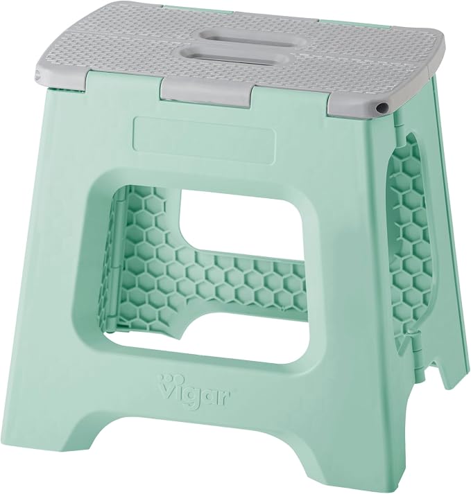 Vigar Compact Folding Step Stool, 12-1/2 in, Light Turquoise | 12-1/2 in Foldable Stool, Lightweight Portable Design, Handle, Non Slip Surface, Space-Saving, Supports up to 330 lb by VIGAR