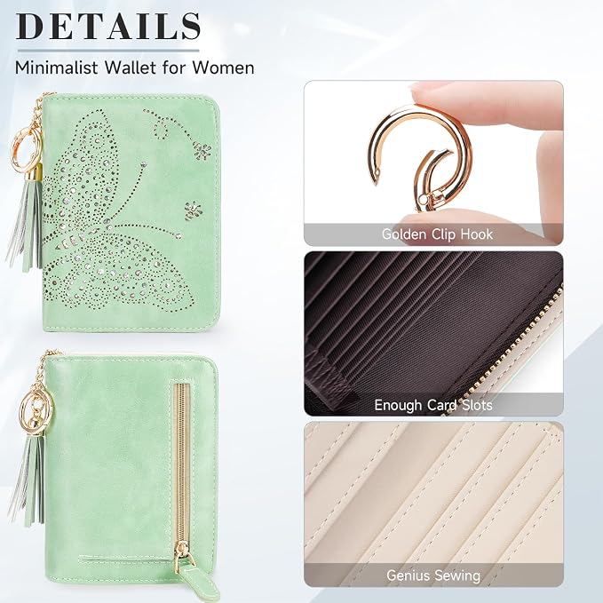KITEVIUN Women RFID Blocking Small Bifold Wallet, Compact Cash Clutch with Zipper Coin Pocket, Glittery Butterfly Design, Credit Card Holder, Travel Purse with Tassel PEPPERMINT-GREEN - Image 5