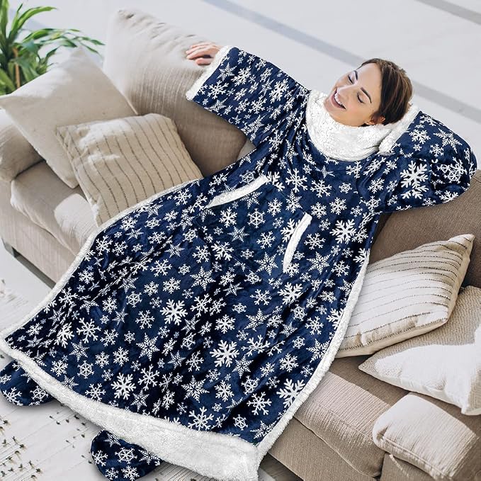PAVILIA Sherpa Blanket with Sleeves, Foot Pocket for Women Men Adults, Thick Wearable Blanket Throw Wrap, Fleece Warm Snuggle Blanket Robe, Cozy Gift Ideas Wife Mom, Snowflake Blue - Image 3