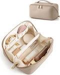 BAGSMART Makeup Bag Travel Cosmetic Bag,Women Toiletry Case, Brushes, Camel | Make Up Bag Flat Open Toiletry Bag for Women, PU Leather Travel Essentials Wide-open Skincare,Brushes Organizer Case Large by BAGSMART