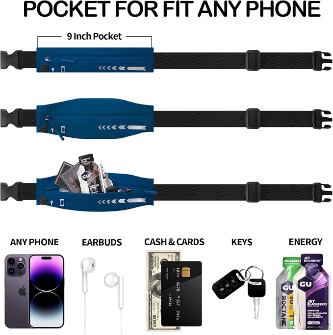 USHAKE Slim Running Belt for Women Men-Runners Phone Holder Fanny Pack, Adjustable, Bounce Free Waist Pouch bag for Workout, Money Belt, Run Gear Accessories Navy Blue - Image 3