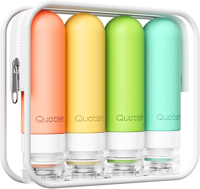 Quatish Travel Bottles for Toiletries, Original Patented Leak Proof Travel Size Containers, 3 oz Tsa Approved Silicone Shampoo and Conditioner Bottles, 4 Pack, Multi-Color by Quatish