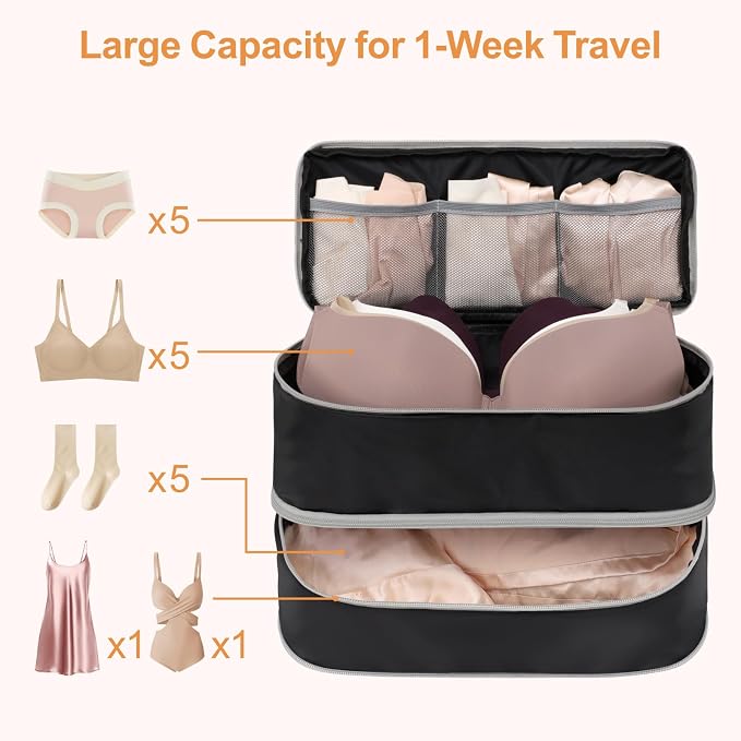 Cambond Travel Underwear Organizer Bag - Bra Organizers for Luggage | Fits A to 36D, 4-in-1 Soft Double Layer, Compression Zip Design, Expandable Compartments Keep Clothes Sorted, Luggage Tidy - Image 2