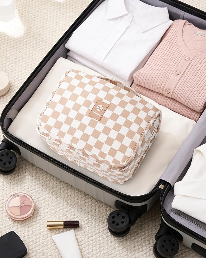Narwey Small Hanging Travel Toiletry Bag for Traveling Women, Checkered Travel Bag for Toiletries, Makeup Bag Organizer Make Up Cosmetic Bags, Gifts for Kids Teen Girls (Light Brown Checkerboard) - Image 7
