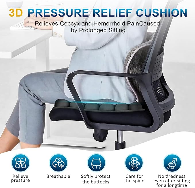 Inflatable Airplane Seat Cushion, Comfort 3d Air Cell Seat Cushion, Tailbone Pain Relief for Long Distance Sedentary People to Use (Black, 16*18in) - Image 2