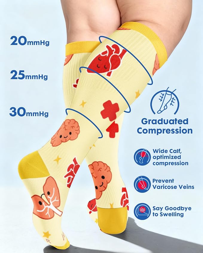 3-Pair Wide Calf Compression Socks for Women | 20-30mmHg Graduated Support, Easy On & Off, Knee High Length, Ankle Support, Travel Nurse Daily Wear, Cute Patterned - Image 4
