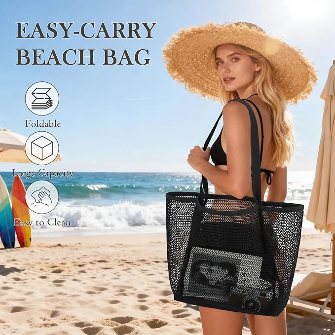 Fammart Mesh Beach Bag for Women, Summer Straw Tote Hobo Pool Bags with Zipper Pocket, Travel Vacation Cruise Essentials 2026 - Image 4
