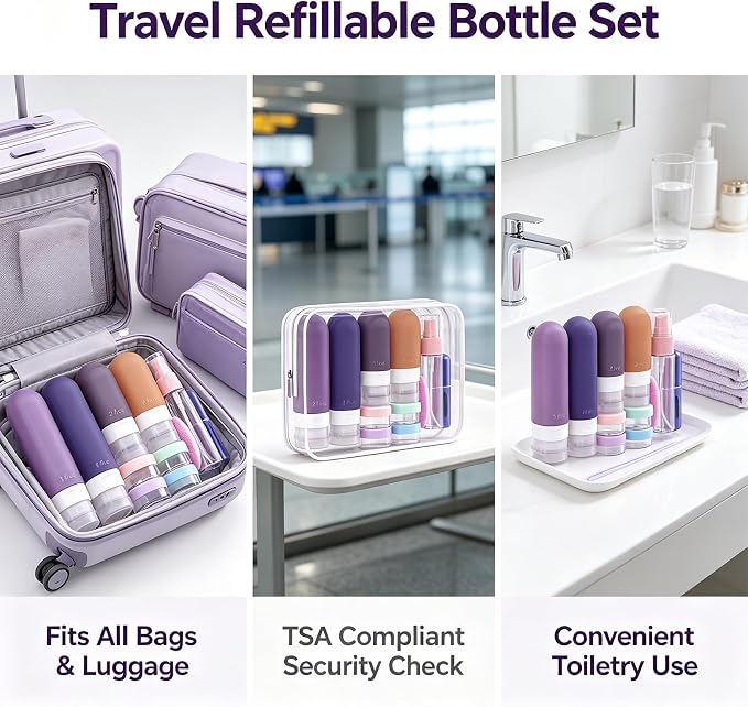 24 Pack Travel Bottles for Toiletries -TSA Approved, Leak Proof Silicone | Refillable Travel Size Containers Kits with Perfume Spray Bottle for Shampoo, Conditioner, Lotion, Cosmetic (Purple) - Image 6