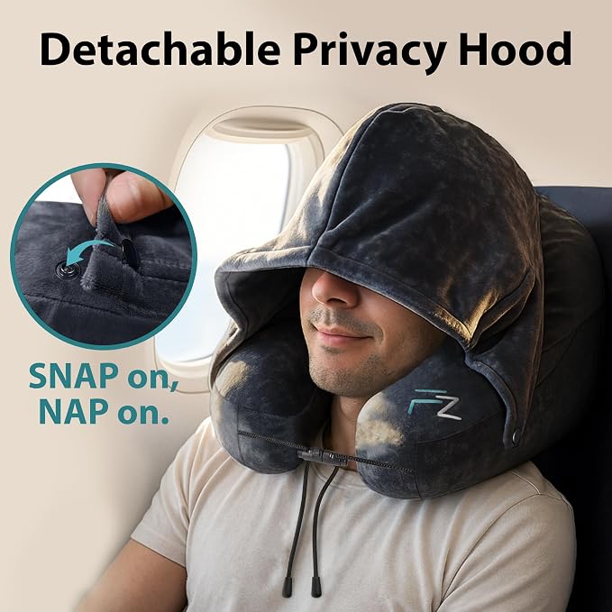 FLOWZOOM Air Inflatable Neck Pillow for Traveling on Plane - H-Shape Hooded Airplane Pillow with 5 Snooze Modes, Fast Inflation, Pressure Control, Cozy Clip-On Hood & Plushy Cover - Size L, Jet Black - Image 5