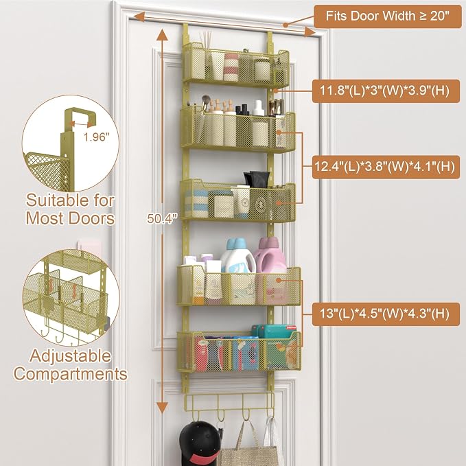 VyGrow Over The Door Organizer, Metal Door Organizer Hanging with 5 Adjustable Baskets and Coat Hook, Behind The Door Storage for Bedroom Closet Bathroom Pantry Cabinet Kitchen, Gold - Image 3
