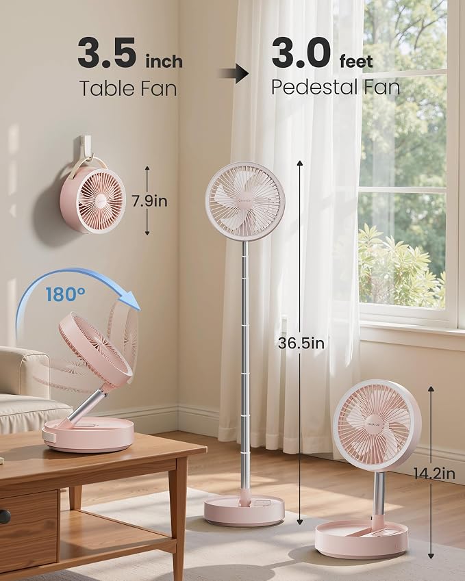 Gaiatop Portable Pedestal Fan 16000mAh Battery [Max 74h Runtime], Foldable Oscillating Standing Fan, Collapsible Desk Fans, LED Light, Case & Remote Control, 4 Speeds for Outdoor Travel Camping (Pink) - Image 7