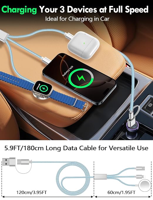 Travel Essentials for Apple Watch Charger,iPhone Charger,3 in 2 Type C/Lightning/Magnetic Travel Charging Cable,Portable Multi Charging Cable for Apple Watch, iPhone 17‑11,Samsung S26,Car,iPad-6FT - Image 6