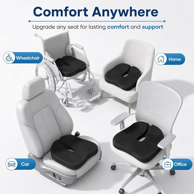 Memory Foam Seat Cushion for Office Chair & Car Seat, Black | for Office Chair, Car Seat, Relieving Pressure Tailbone Sciatica Back Pain for Long Sitting Office Workers, Car Drivers - Image 7