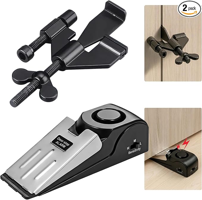 Adjustable Portable Door Lock & Door Stop Alarm Set, 120dB Anti-Theft Security Alarm Door Stoppers, Travel Entry Blocker for Hotel Apartment Dorm Room, No Drill Required, (2 Pack) by Cprnru