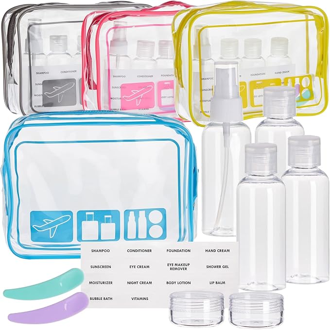 Okuna Outpost Clear Toiletry Bag Set - TSA Approved Bottles - Leak Proof Travel Containers - Versatile Packing Cubes & Travel Organizer - Grey, Yellow, Blue, Red - Pack of 4-7.5 x 2.5 x 5.5 in by Okuna+Outpost