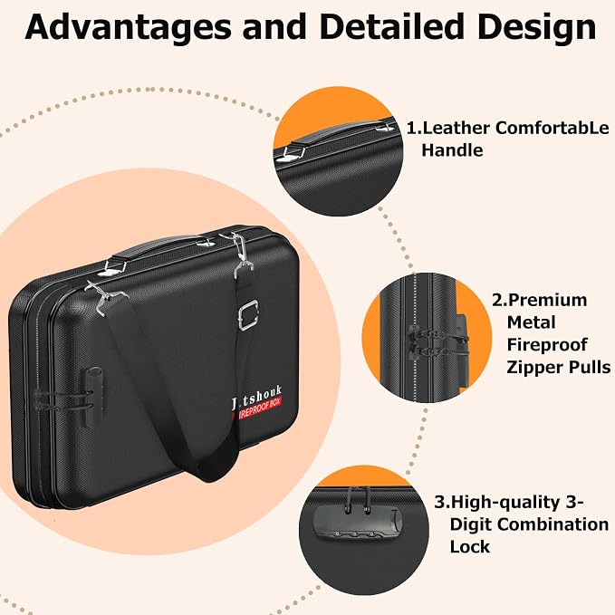 Fireproof Document Box with Lock & Shoulder Strap | Waterproof, Hard-Shell, Portable Fireproof Box Safe Storage with Pocket Accordion File Folder for Documents, Laptop - Image 4