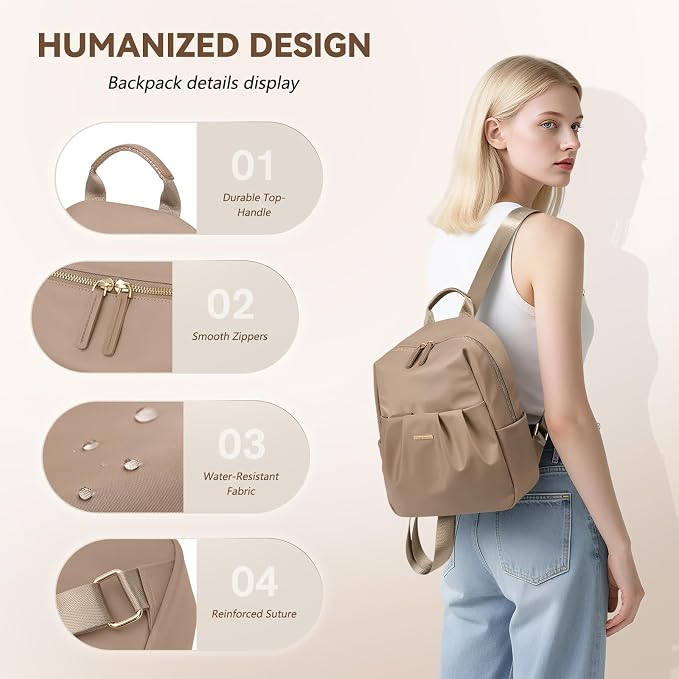 Small Backpack for Women, Cute Backpack Casual Work Daypack Purse for College Travel, fit 9.7 Inch,Champagne Brown - Image 4