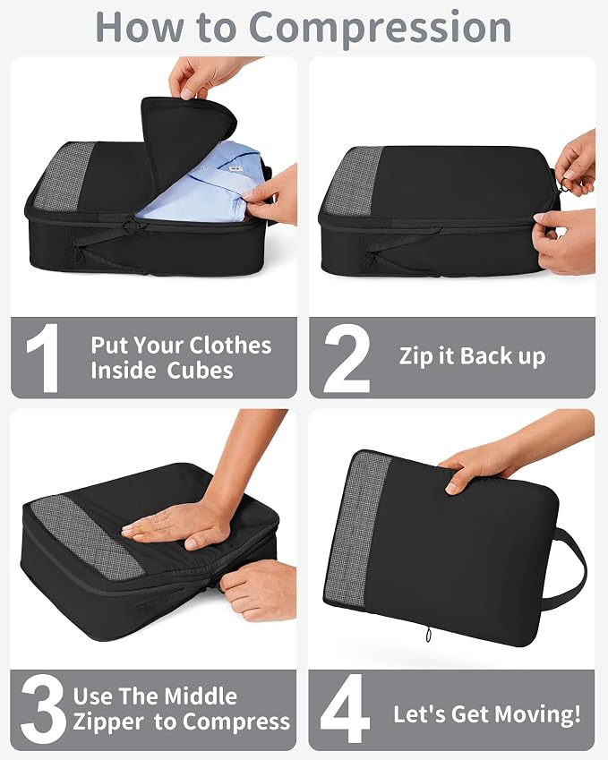 11-Piece Expandable Compression Packing Cubes, Travel Luggage Organizers Set for Suitcase, Lightweight Fabric Packing Bags for Travel Essentials Black - Image 8