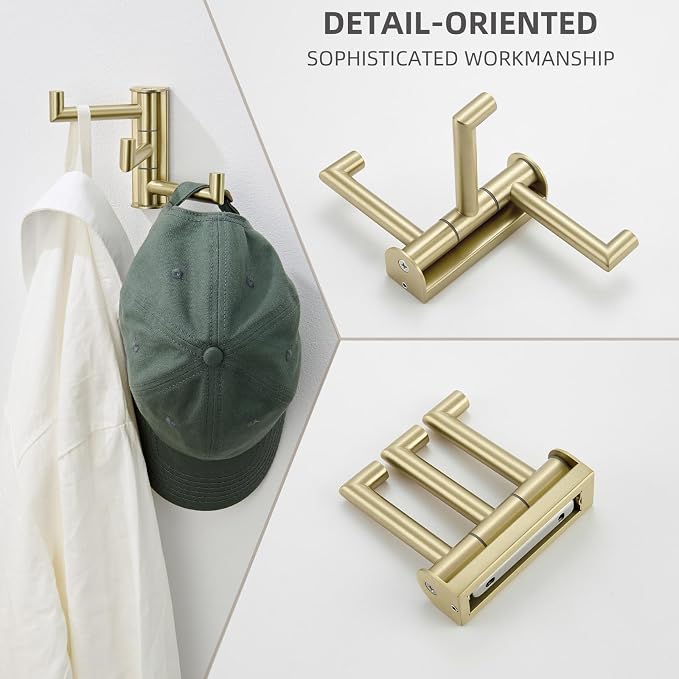 Angle Simple Towel Hook 3 Arms, Swivel Coat Wall Hook, Brushed Gold | Solid SUS304 Stainless Steel, Foldable Robe Towel Holder for Bathroom Kitchen Closet, Modern Space Saver, Screws Mounted - Image 9
