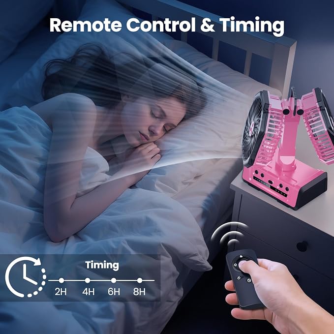 Dual Head Portable Rechargeable Fan 20000mAh Battery Powered Camping Fan Cordless with LED Lantern & Remote, Auto Oscillation, Hook, Battery Operated for Tent Office Travel Picnic Jobsite Pink - Image 6