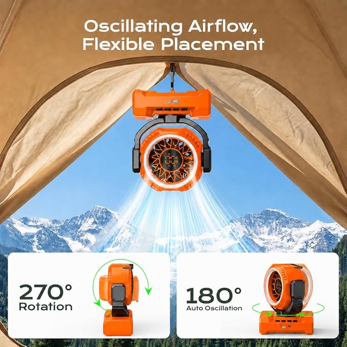 Portable Camping Fan 3-in-1, 20000mAh Rechargeable Fan with 1-100 Speeds | Auto-Oscillating Cordless Battery Powered Fan with 12H Timer, LED Lantern, Display, Gift for Men Women, Travel, Jobsite, Tent - Image 7