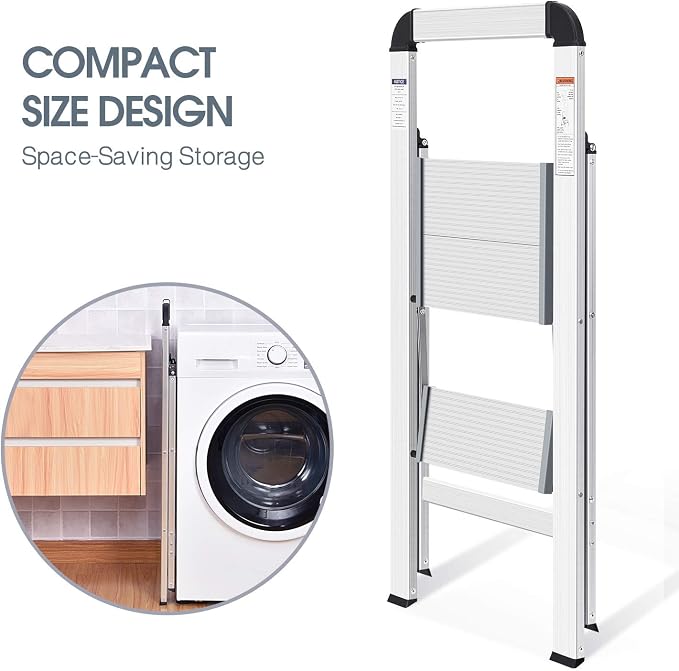 KINGRACK Aluminium 2 Step Ladder, Lightweight Step Stool with Non-Slip Pedals, Handrail, 330LBS Foldable Step Ladder for Kitchen, Garage, Home, Space Saving, Sturdy and Portable, Silver - Image 5