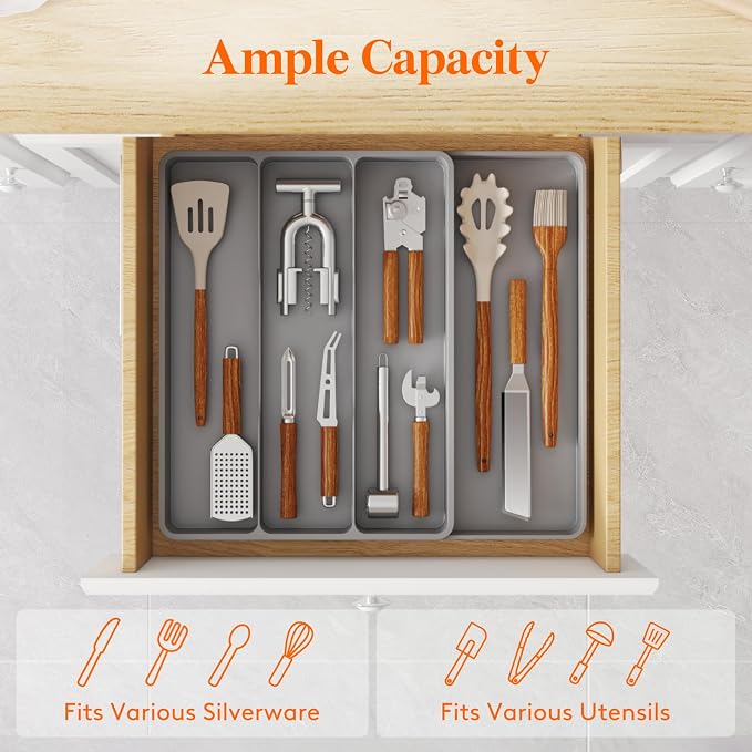 Lifewit Utensil Organizer for Kitchen Drawer, Expandable Cooking Tray | Adjustable Cutlery Flatware Holder, Plastic Silverware Spatula Tools Storage Divider, 11.9-17.3 x 15.8", Gray - Image 2