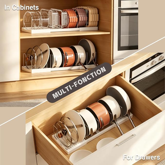 Magheo Pots and Pans Organizer Under Cabinet, Expandable 12.6"-22.8" Kitchen Cabinet Organizer Holder with 10 Adjustable Dividers for Food Storage Container Lid, Cookie Sheet, Cookware(1 Pack, White) - Image 8