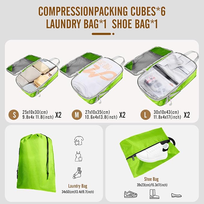 8 Set Compression Packing Cubes for Travel, Expandable Luggage Organizer with Shoe Bag & Laundry Bag - Lightweight Suitcase & Backpack Travel Essentials (Green) - Image 2