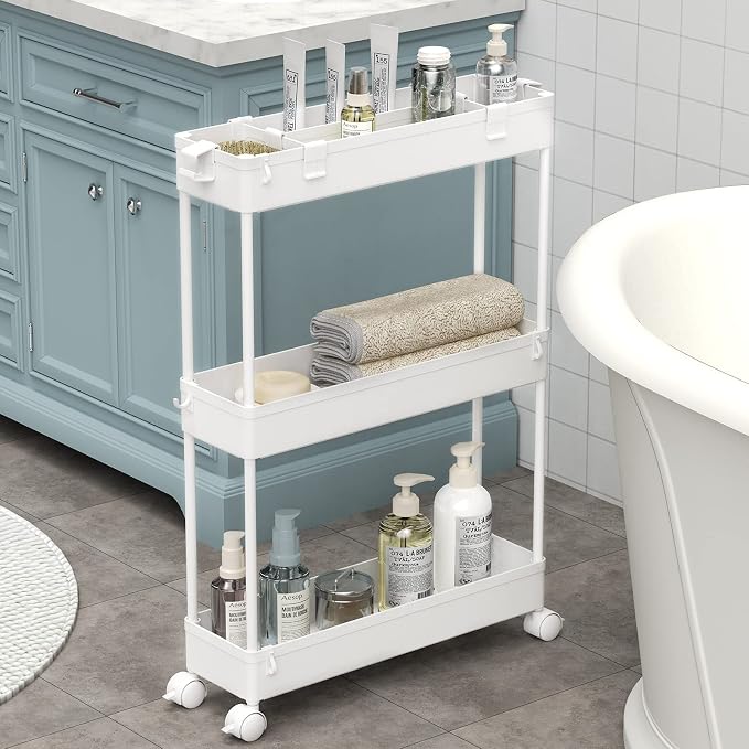 Slim Storage Cart 3 Tier,Bathroom Organizer Rolling Utility, Mobile Shelving Unit Slide Out for Office, Kitchen, Laundry Room & Narrow Places,White by Home