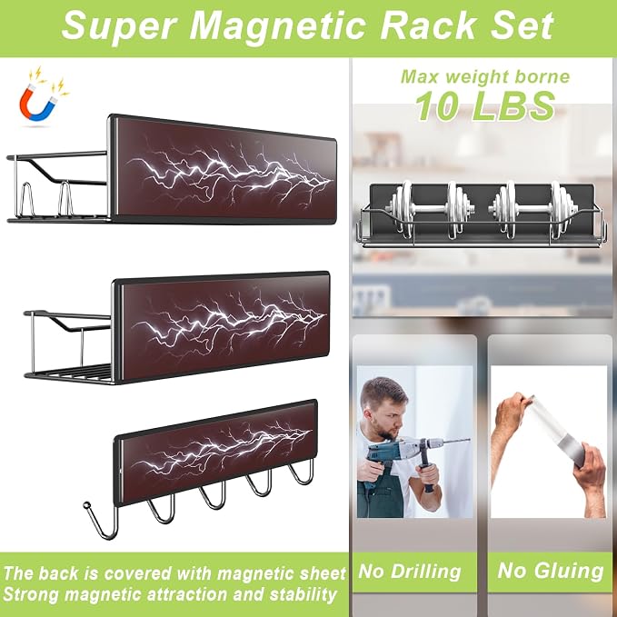 Magnetic Spice Rack for Refrigerator, 3 Pack Metal Magnet Spice Organizer Shelf with Hook Rack, Magnetic Fridge Shelves for Kitchen Organization and Storage, Seasoning Organizer Gadgets (Black) - Image 3