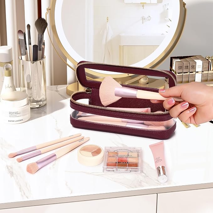 Pinkmik Makeup Brush Case, Burgundy, | Clear Travel Cosmetic & Toiletry Bag, Slim with Zipper, Small Purse Organizer, Car Essential for Women - Image 2