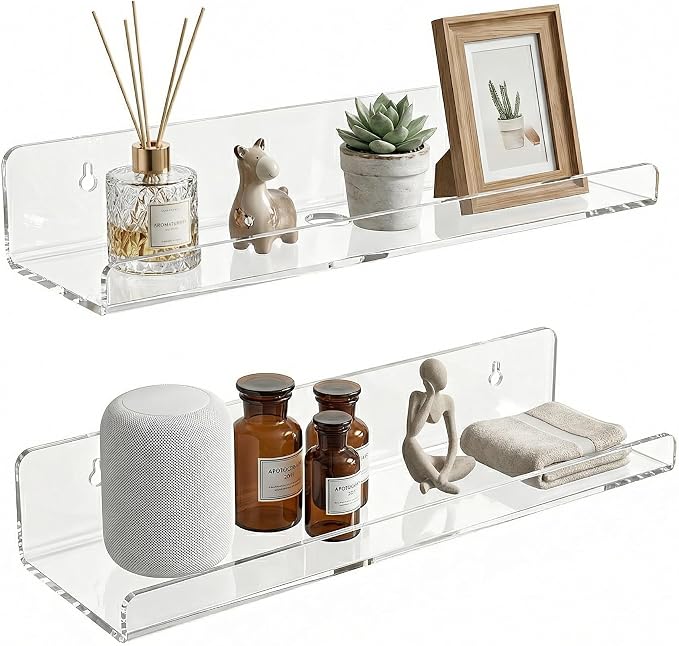 Clear Acrylic Floating Shelves, No Drill Wall Shelves, 2 Pack | Clear Acrylic Design; 2 Pack Wall Shelves; Adhesive or Screw Mount; No Drill Option; 12 lb Max Load by TQZDBXK