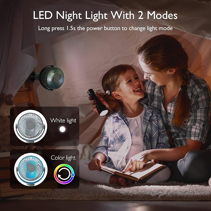 Momcozy 8000mAh Portable Stroller Fan, 27H Ultra-long Battery Life | Detachable 4 Speed 360°Rotate LED Night Light with 2 Modes, USB Rechargeable Handheld Cooling Fan for Travel/Car Seat/Bedroom - Image 6