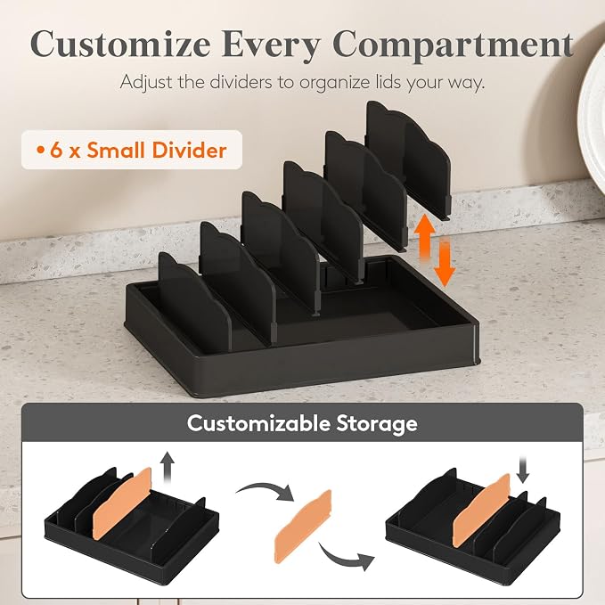 Lifewit Kitchen Cabinet Organizer for Food Contanier Lid with 7 Sections | Lid Holder with 6 Adjustable Dividers for Pantry Organizers and Storage, Home Drawer Organization, Black, Large, 13" x 10" - Image 5