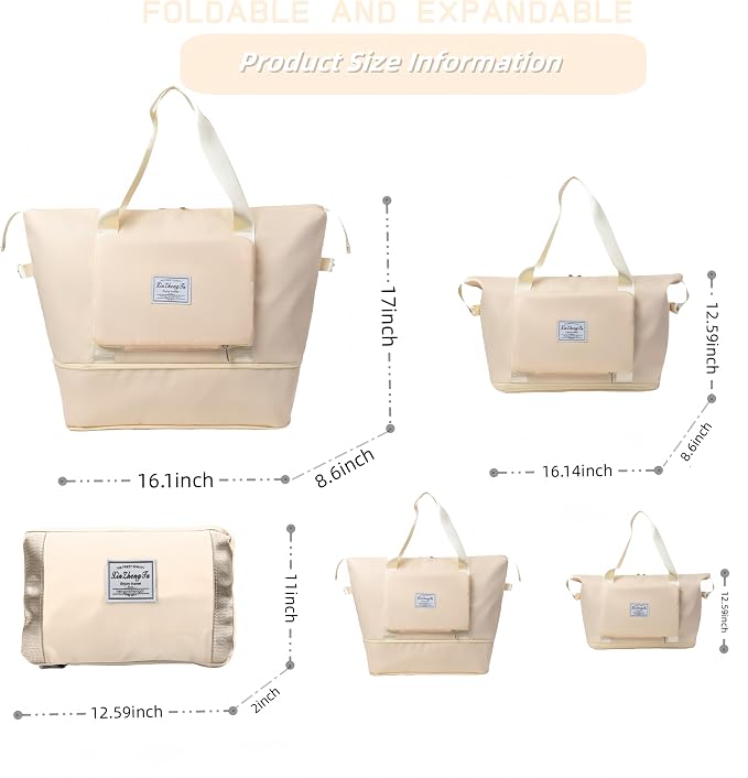 Large Capacity Foldable Travel Bag, Expandable lightweight Carry on Bag, Dry with Wet Separation Spor Duffel Bags (off white) - Image 2