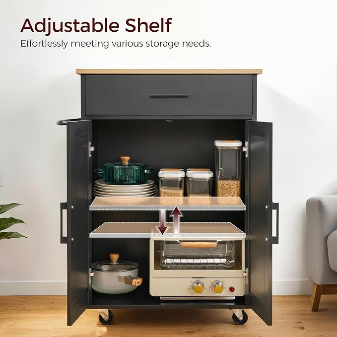 MAHANCRIS Kitchen Island on Wheels with Drop Leaf, Folding Countertop Kitchen Island Cart, Kitchen Islands Table with Towel Rack, Drawer, for Kitchen, Dining Room, Black and Natural KINB12501 - Image 7