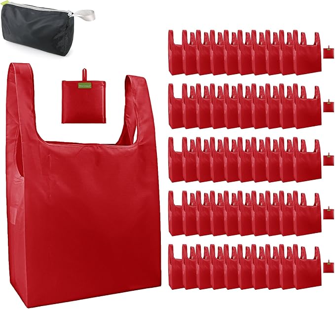 BeeGreen Christmas Red Reusable Grocery Bags Wholesale Red Reusable Kitchen Bags Bulk Foldable-Machine Washable with Zipper Storage Pouch 50 Packs by BeeGreen