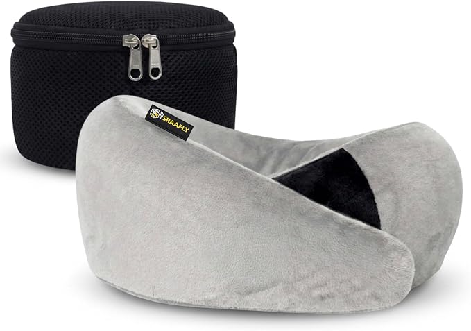 Travel Neck Pillow – Airplane Travel Essentials with Ergonomic Memory Foam Comfort – Premium Travel Pillows for Airplanes and Long Journeys, Compact Carry Pouch (Grey) by SHAAFLY