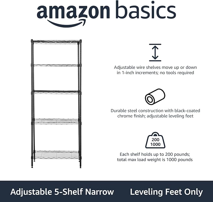Amazon Basics 5-Shelf Multipurpose Adjustable Steel Garage Shelving Unit, Storage Rack for Kitchen, 200 lbs Per Shelf, Easy Assembly, 13.4"D x 23.2"W x 60"H, Black - Image 4