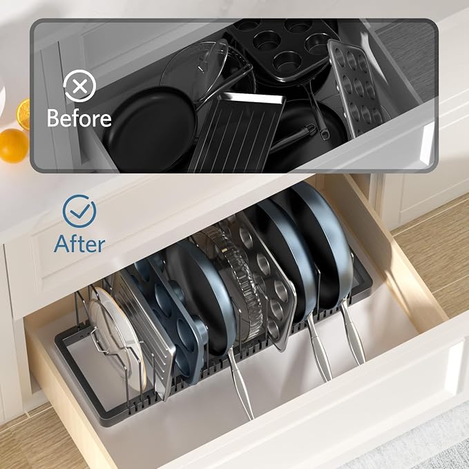 Pots and Pans Organizer under Cabinet, Expandable Pot Lid Organizer Holder with 10 Adjustable Compartment, Pan Organizers inside Cabinet for Lids, Bakeware, Kitchen Storage Pot Rack, Black - Image 5