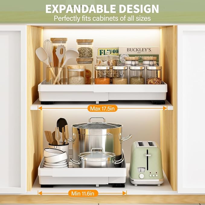 DOMNIU Pull Out Cabinet Organizers Expandable,White,16.9"Depth,2 Pack | Slide Out Drawers for Kitchen, Bathroom, Pantry, Under Sink Storage, Fixed with Adhesive Nano Film (11.6''-17.5'') - Image 2
