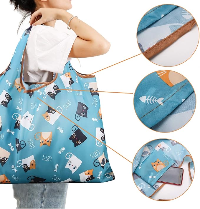 Reusable Grocery Bag, 2 Packs Large Washable | Foldable Eco Friendly Nylon Heavy Duty Fits in Pocket Shopping Tote Bag Mothers Day Gifts (Cattie) - Image 4