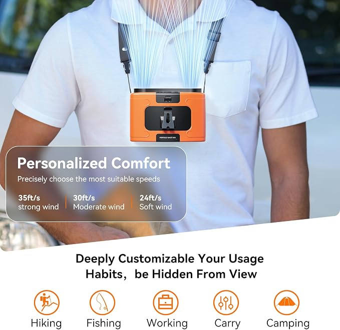 Doublepow 10000mAh Portable Waist Fan, Personal Dual Waist Fan, Clip On Belt Hanging Neck, Dual Motor 20H&10 Speed 16000RPM Strong Airflow, USB Rechargeable Fans, for Outdoor Work Travel(K60-Orange) - Image 2