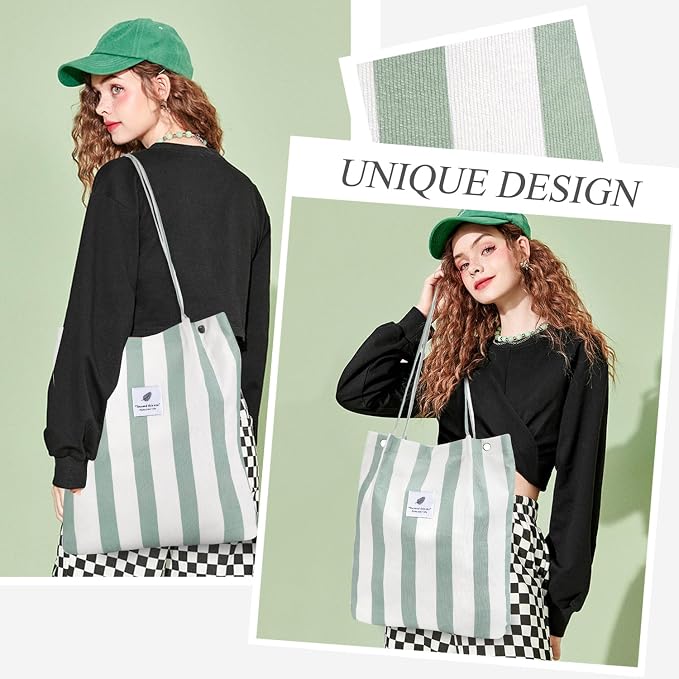 LHMTQVK Corduroy Tote Bags for Women, Large Capacity Tote Purse Reusable Grocery Shoulder Bag with Inner Pockets - Image 7
