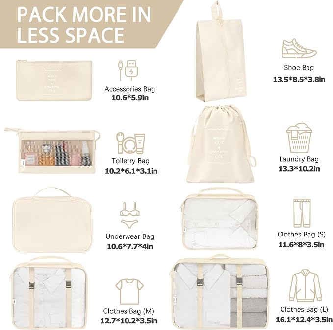 KPX 8 Set Packing Cubes for Travel, Luggage Packing Organizers Accessories Large Toiletries Bag for Clothes Shoes Cosmetics (Beige) - Image 2