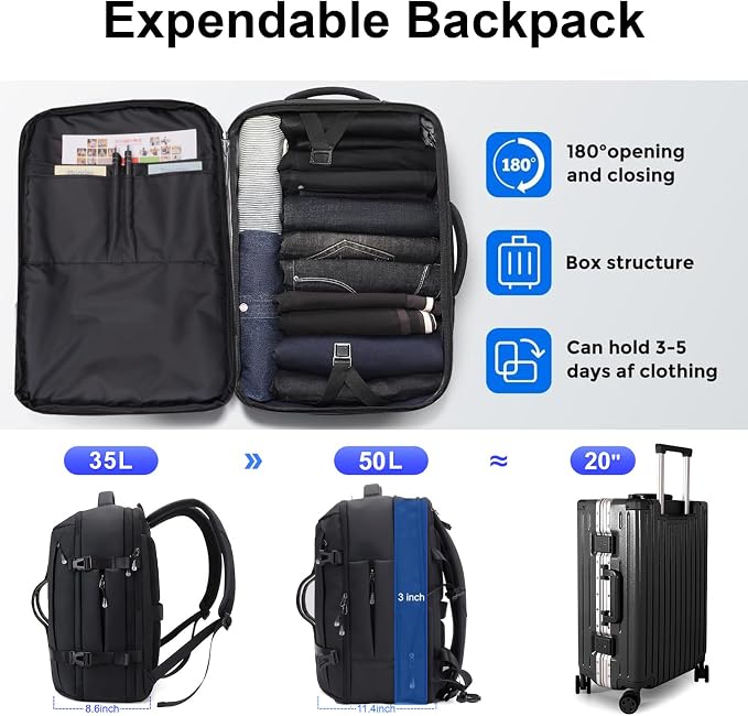 JODEBES 35L-50L Expandable Business Laptop Backpack, Waterproof - Black | Fits 17" Laptop, Daypack with Breathable Back Panel for Men & Women, TSA Carry On Bag for Travel & Work Commuting - Image 2